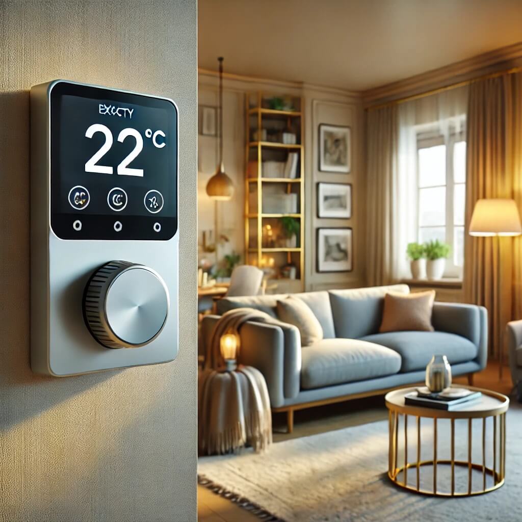 Ein gemütlich ausgeleuchtetes Wohnzimmer. An einer Wand im Vordergrund ist ein modernes Thermostat mit Display zu sehen, auf dem "22°C" angezeigt wird.