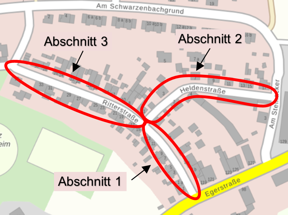 Ein Lageplan, der die drei Bauabschnitte zeigt. Abschnitt 1 umfasst den Teil der Ritterstraße von der Egerstraße bis hin zur Kreuzung Ritterstraße / Heldenstraße. Abschnitt 2 umfasst die Heldenstraße. Abschnitt 3 umfasst die restliche Ritterstraße ab der Kreuzung zur Heldenstraße.
